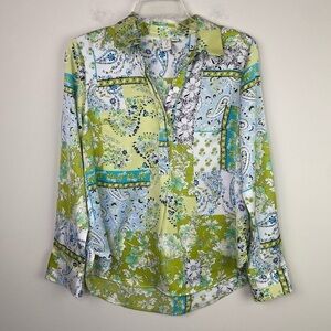 Joie Green floral print silk look button down long sleeve blouse size S